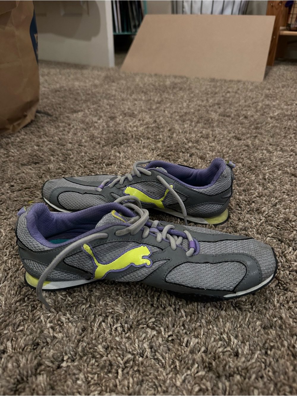Puma Gray Sneakers with Neon Yellow Accent and Purple Lining